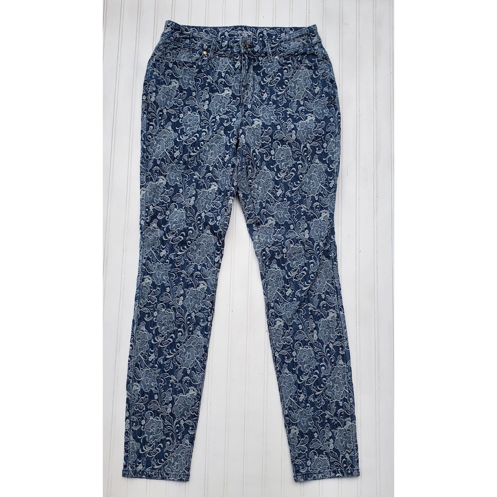 Chicos Floral Jacquard Jeggings Blue White lace Slim Fit Denim Pants Size 4 Twee